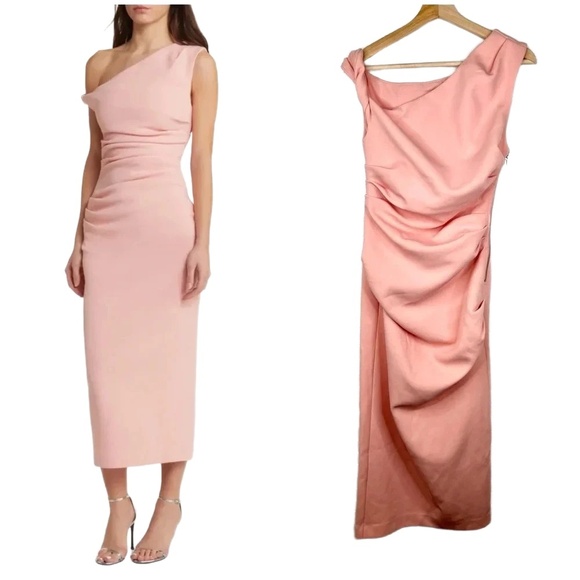 Misha Collection Alaska Off Shoulder Gathered Body-Con Dress  M in Calypso Pink - Picture 1 of 13